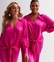 New Look Own the Night Bright Pink Satin Tie Front Shirt